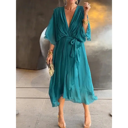 Robe Longue Femme en Mousseline de Soie avec Décolleté en V – Élégance Intemporelle