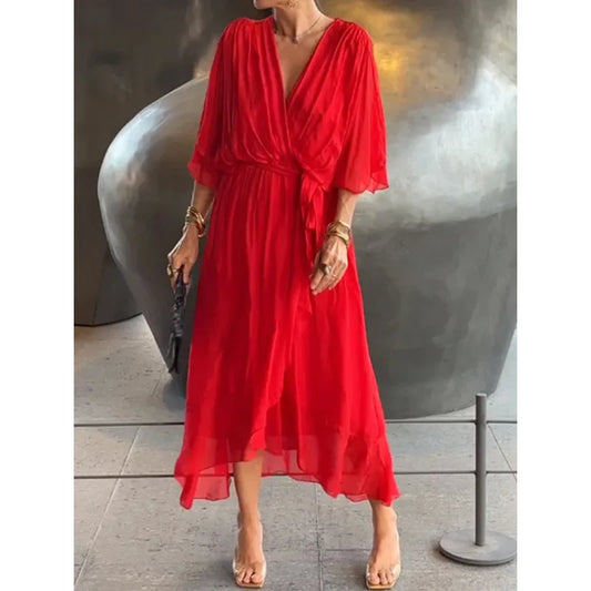 Robe Longue Femme en Mousseline de Soie avec Décolleté en V – Élégance Intemporelle